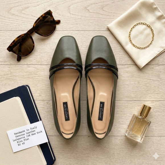 Lafayette 148 New York Shoes - Lafayette 148 New York Kira Olive Green Leather Double Strap Flats Italy 40